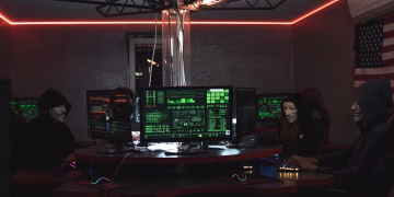 Team of hackers with Guy Fawkes masks coding in a dark room with computers.
