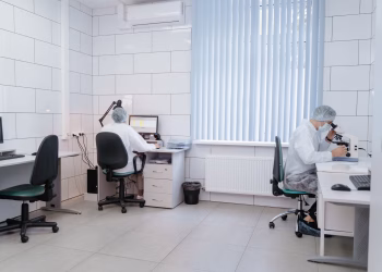 Two laboratory technicians working with computers and microscopes in a clean, modern lab.