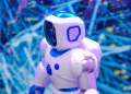 Close-up of a white and blue robot against a dynamic, futuristic tech backdrop.