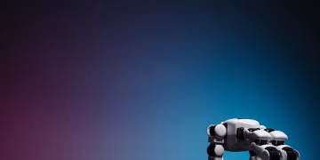 A close-up of a futuristic robot toy on a reflective surface against a gradient background.