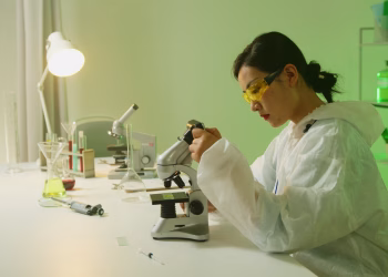 A scientist in a laboratory uses a microscope for research. Indoor lab setting.