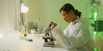 A scientist in a laboratory uses a microscope for research. Indoor lab setting.