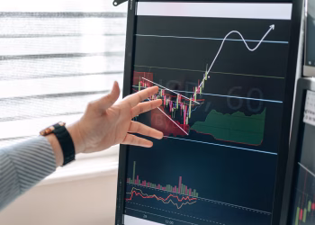 Close-up of a hand pointing at stock market graphs on a monitor in a workspace.
