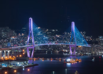 Stunning view of an illuminated cable-stayed bridge in Busan, South Korea at night.