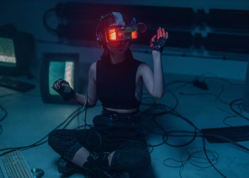 A woman wearing a VR headset sits on the floor surrounded by retro tech in a dark room.
