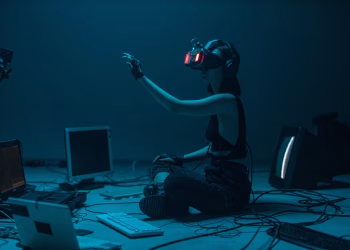 Woman immersed in virtual reality, surrounded by tech, in a dimly lit room.