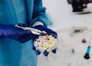 Scientist in gloves using tweezers to handle assorted pills in a petri dish.