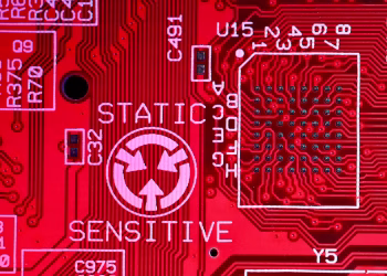 Background of modern colorful printed board of digital device with electric circuits and written words with numbers on red surface