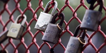 A close-up view of various padlocks secured to a red wire fence, symbolizing security and unity.