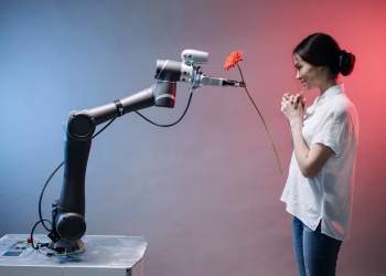 A robotic arm offers a flower to a woman in a display of technology and human connection.