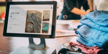 A digital point-of-sale system in a small fashion boutique with clothes displayed on a tablet.