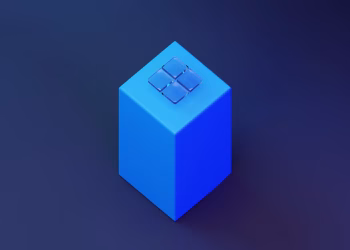 Geometric 3D render of a blue cube with glass panels on top, against a blue background.