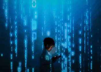 Silhouette of a person using a smartphone surrounded by digital binary code projections.