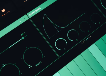 Close-up view of a synthesizer interface showing envelopes and oscillators.