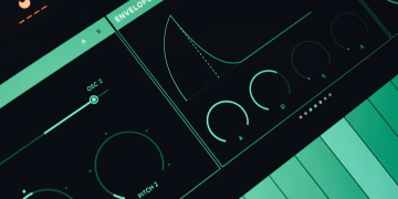 Close-up view of a synthesizer interface showing envelopes and oscillators.