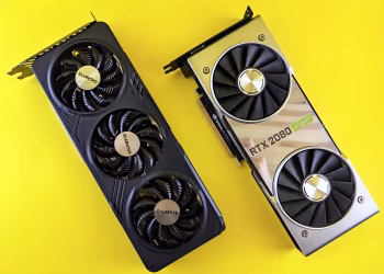 Two high-performance graphics cards displayed on a bright yellow background.