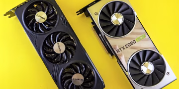 Two high-performance graphics cards displayed on a bright yellow background.