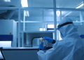 Lab technician in full protective suit performs tasks in a controlled laboratory environment.
