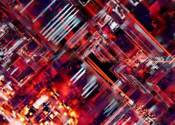 Futuristic abstract image of a digital circuit with glowing lights.
