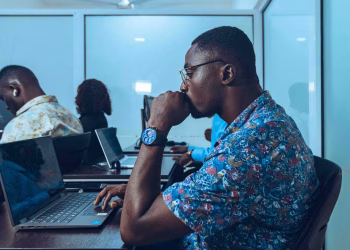 Students in an IT class learning coding and software development in Accra, Ghana.