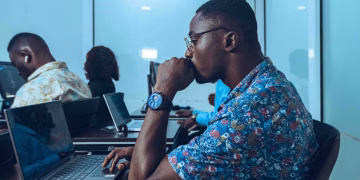 Students in an IT class learning coding and software development in Accra, Ghana.