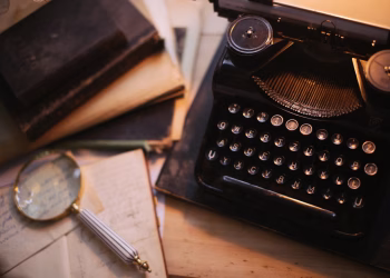 A vintage typewriter with a magnifying glass and old books on a desk, evoking nostalgia.