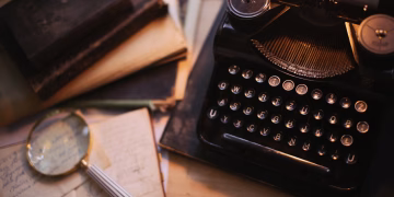 A vintage typewriter with a magnifying glass and old books on a desk, evoking nostalgia.