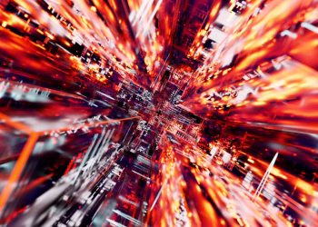 Abstract 3D digital light burst with vivid warm tones, suggesting high-speed data flow.
