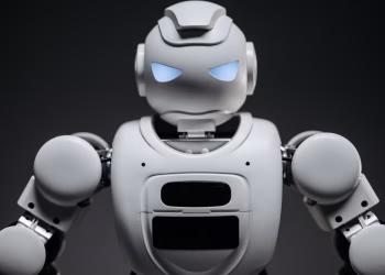 Detailed studio shot of a modern robotic toy with a dark background, showcasing technological design.