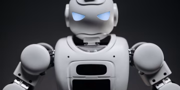 Detailed studio shot of a modern robotic toy with a dark background, showcasing technological design.