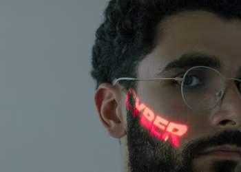 Close-up of a bearded man wearing eyeglasses with 'CYBER' text projected on his face.