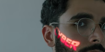Close-up of a bearded man wearing eyeglasses with 'CYBER' text projected on his face.