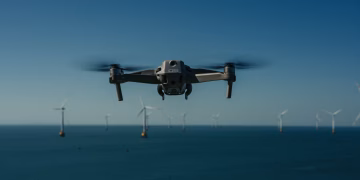 Aerial view of a drone flying over the ocean amidst wind turbines.