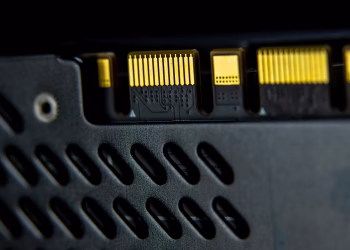 Detailed close-up of a computer component showing connectors and circuitry.