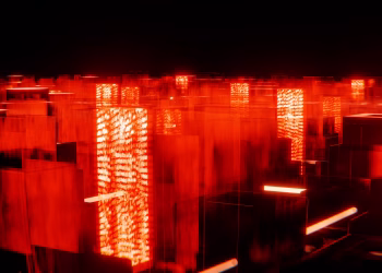 Abstract digital cityscape with glowing red neon lights creating a futuristic ambiance.