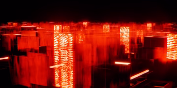 Abstract digital cityscape with glowing red neon lights creating a futuristic ambiance.