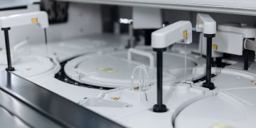 Close-up of advanced laboratory machinery in a medical facility, showcasing precise scientific equipment.