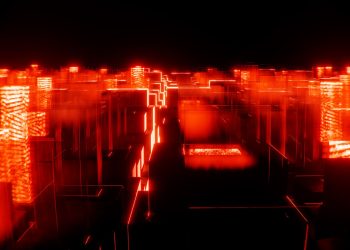 Vivid neon lights create an abstract cityscape, capturing a futuristic urban vibe.