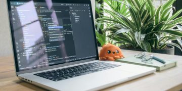 A modern home office setup featuring a laptop with coding software, a plant, and a plush toy.