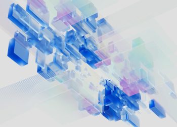 Abstract 3D render of blue and pink digital blocks. Perfect for technology-themed content.