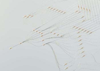 Abstract illustration depicting complex digital neural networks and data flow.