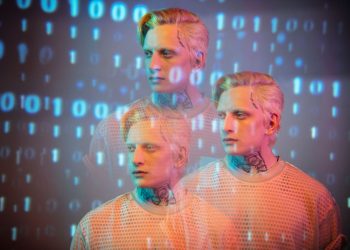 Creative portrait of a man with binary code overlay, blending fashion and digital art.