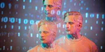 Creative portrait of a man with binary code overlay, blending fashion and digital art.