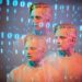 Creative portrait of a man with binary code overlay, blending fashion and digital art.