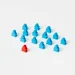 A collection of blue meeple figures with a standout red one on a white background.