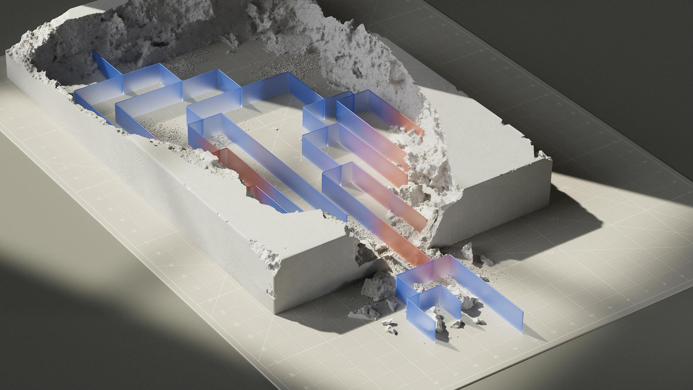 A conceptual 3D artwork featuring geometric patterns in a simulated excavation.