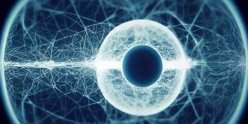 A digitally rendered abstract image showcasing a futuristic eye with complex network patterns.
