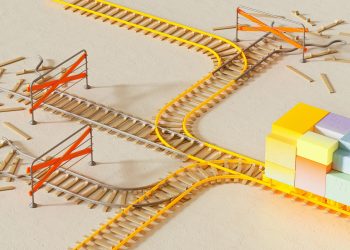 Colorful abstract design depicting rail tracks with blocks, illustrating choice and direction.