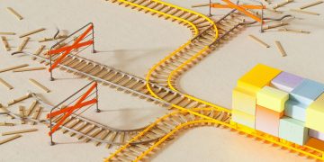Colorful abstract design depicting rail tracks with blocks, illustrating choice and direction.