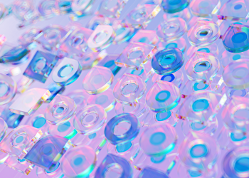 Vibrant abstract 3D render featuring transparent glass shapes with a holographic effect.